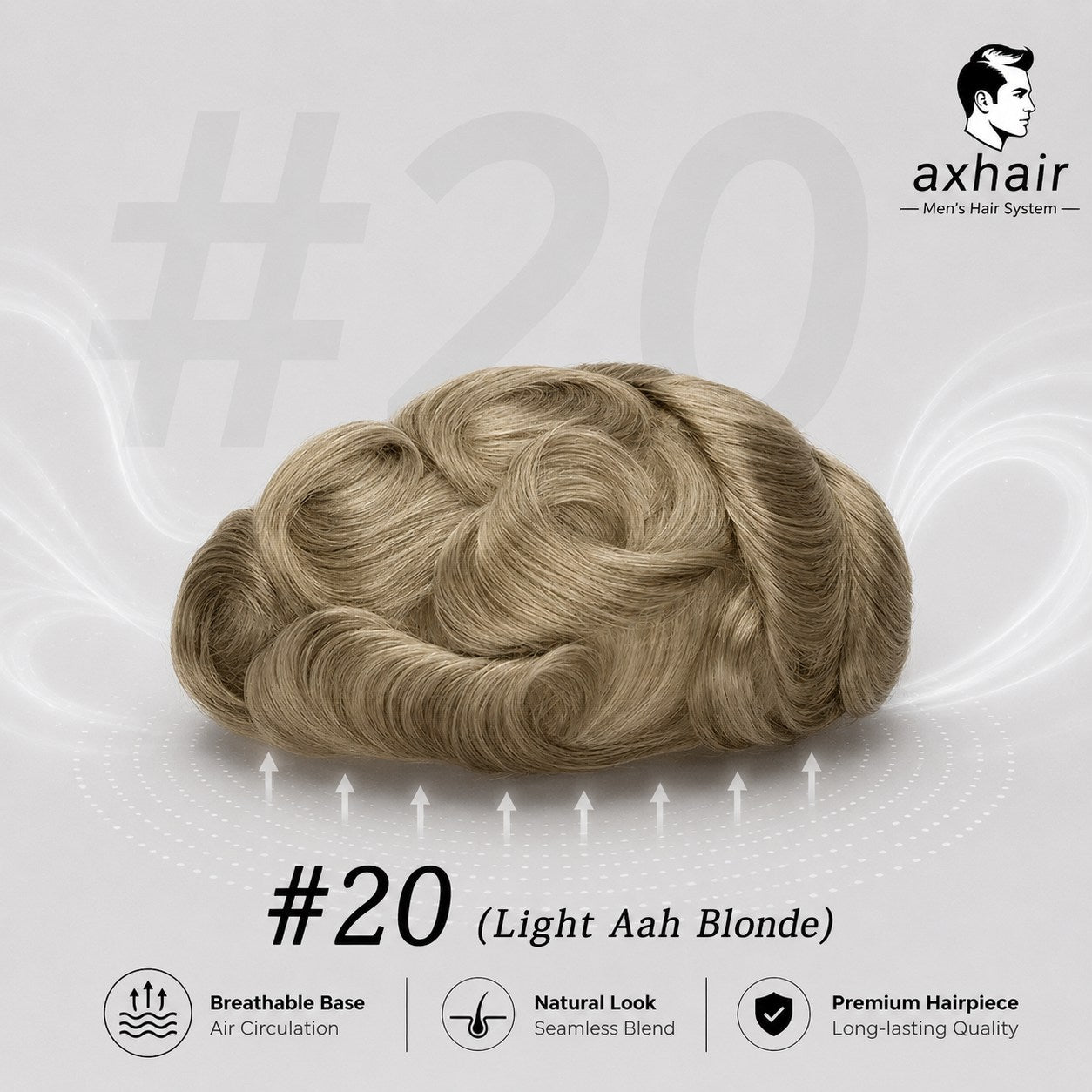 Men's full toupee with light aah blonde wavy hair, thin skin base, single knots